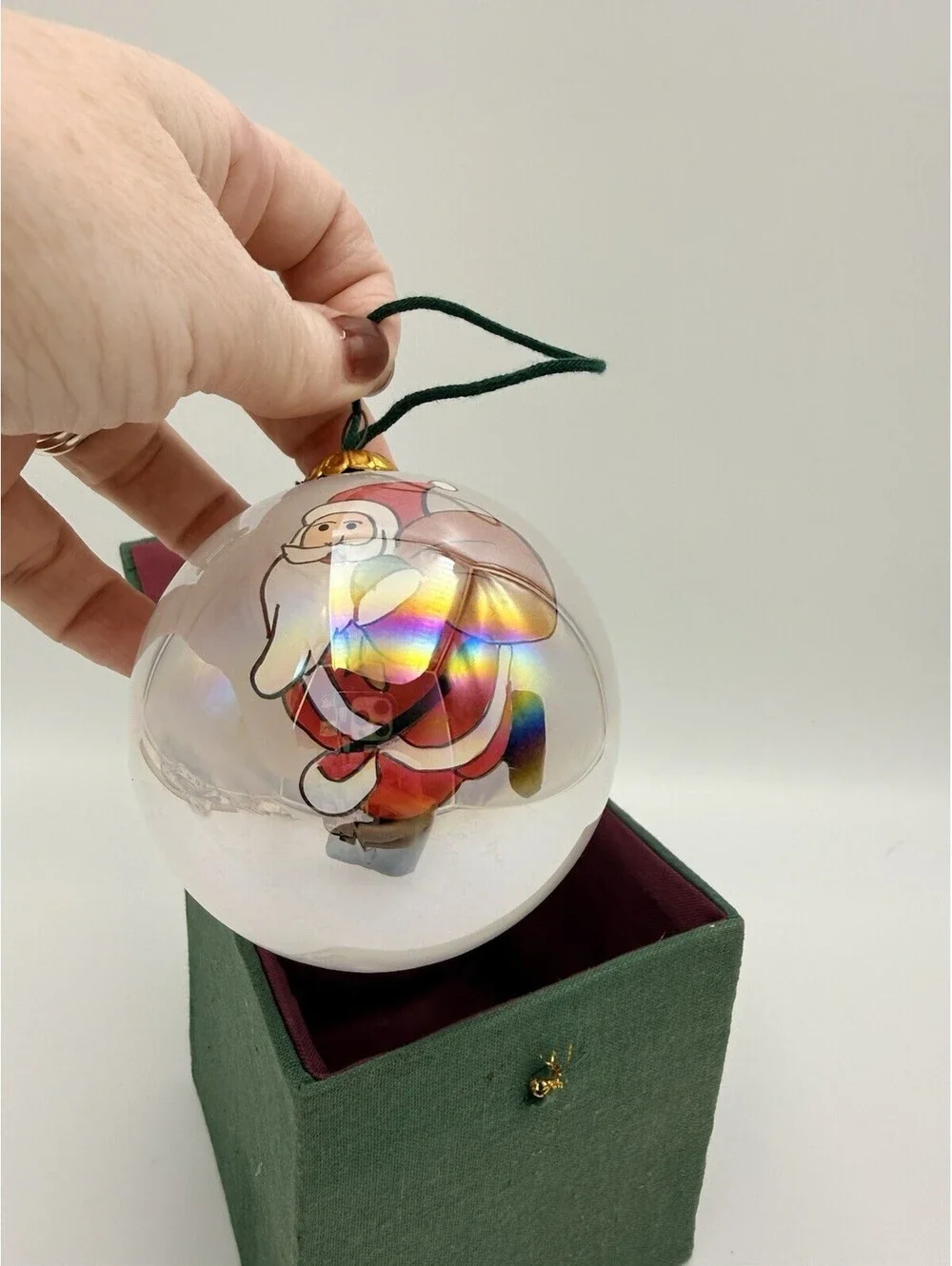 VTG Iridescent Opalescent Reverse Painted Santa Ornament. Hand Made Art Glass 3”
